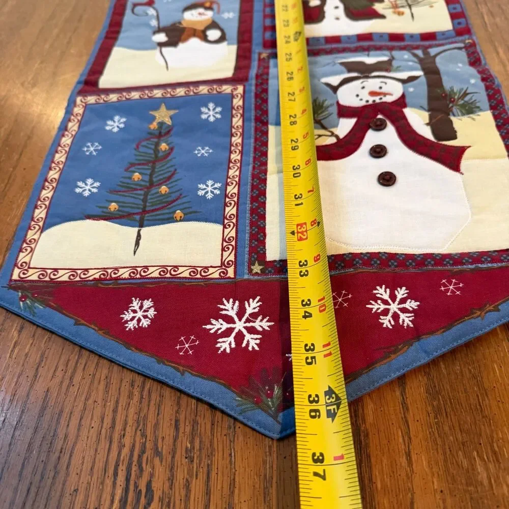 St Nicholas Square Snowman Christmas Table Runner 36x14 Applique Cotton